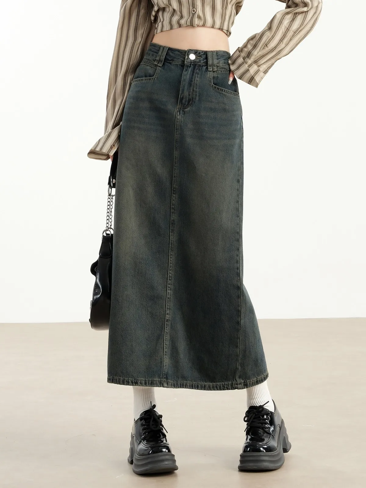 ZHISILAO Casual High Waist A-line Denim Skirt Women Vintage Long Denim Skirt Autumn 2024