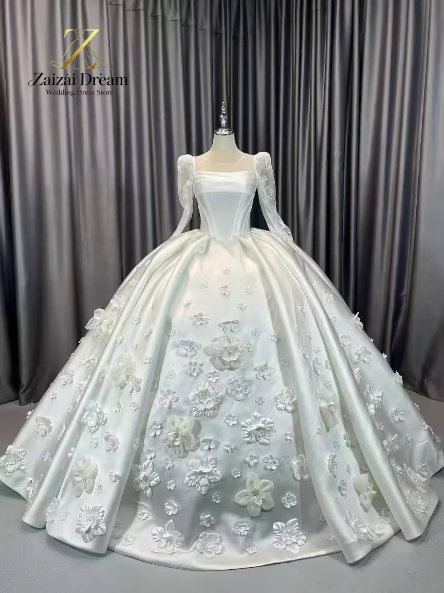 Customzied Luxury 3D Flower Wedding Dress Puffy Long Sleeves Princess Ball Gown Bridal Dress Vestido De Novia