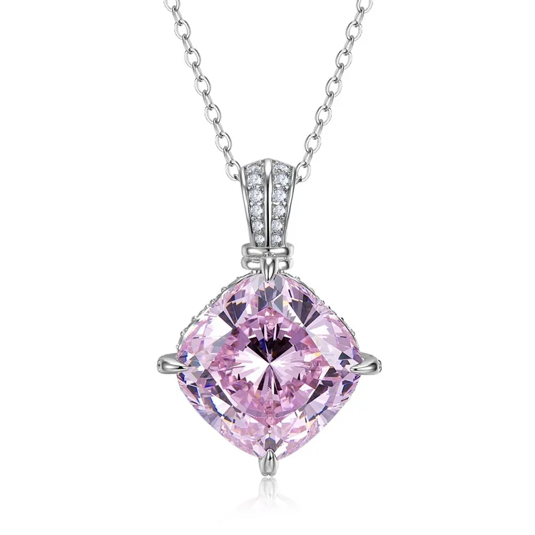 S925 Silver Necklace 14 * 14 Pillow shaped Pink 21ct High Carbon Diamond Pendant Women's collarbone Neckchain Jewelry