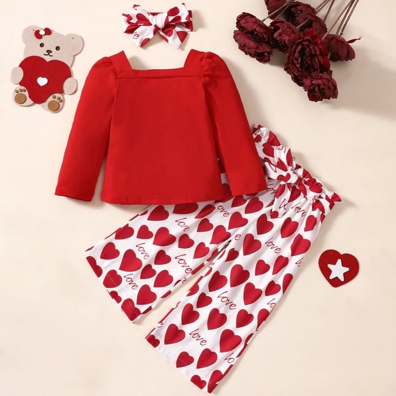 Spring Children Clothes Set Red Tops+Heart Print Trouser+Headband Infant Toddler Kids Casual Cozy Outfits Girls Valentine Wear