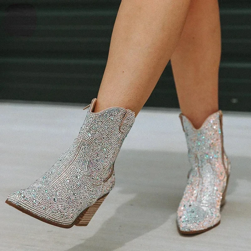 Western Cowboy Boots Fashion Women Ankle Boots Glitter Bling Shiny Trend High Heels High Quality Sexy Shoes Botas De Mujer 2024