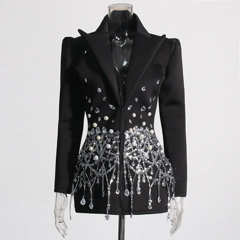 Women Spring Summer Rhinestones Tassels Slimming High Waist Blazers Coat Diamonds Beaded Fringed Suits Jacket OL Cardigan Tops