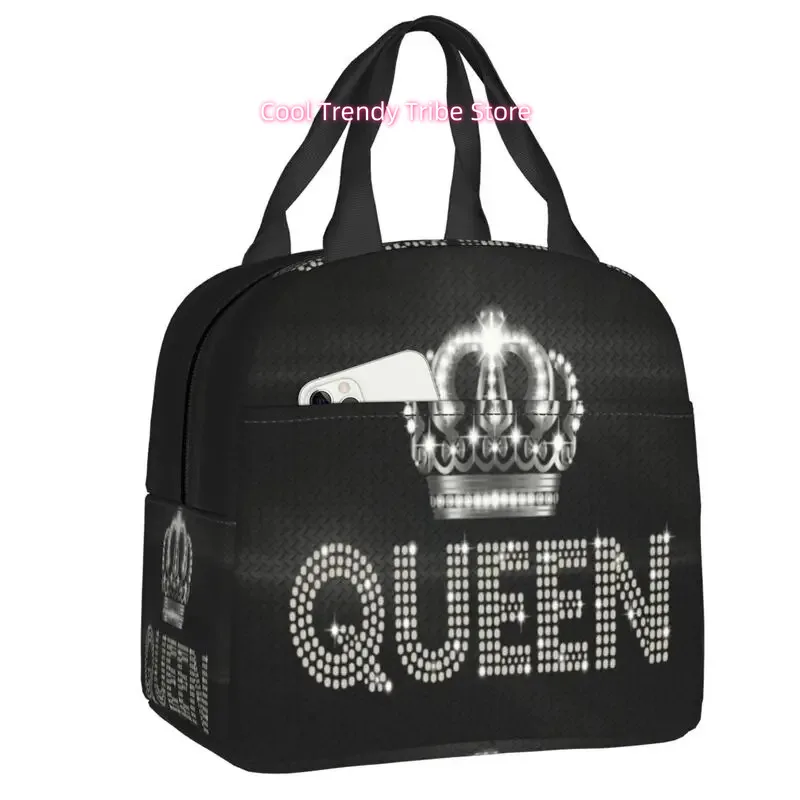 Queen Rhinestone Insulated Lunch Tote Bag for Women Bling Diamond Resuable Thermal Cooler Bento Box School, Insulated Lunch Bag