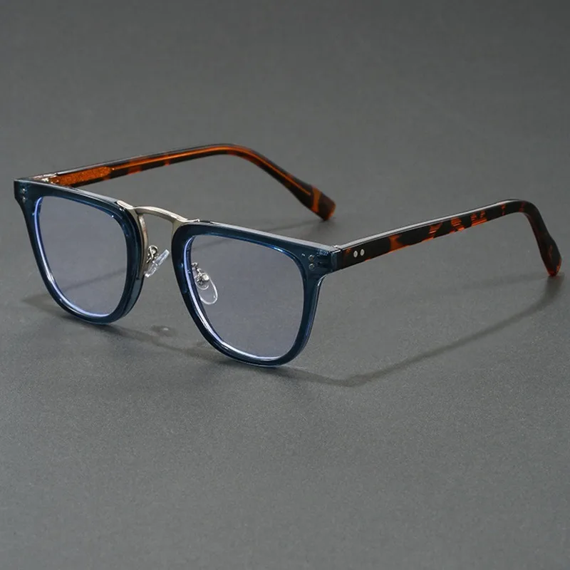 Unisex Retro Browline Eyeglasses Anti Blue Light Acetate Square Computer Glasses Eye Protection Optical Frame with Rivet Decor f