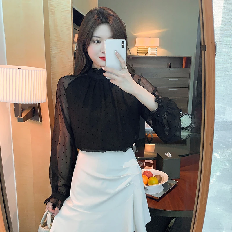 

Autumn Elegant Black Lace Chiffon Shirts Women Clothing Fashion Chic Stand Collar Long Sleeve Tops Vintage Casual Commute Blouse