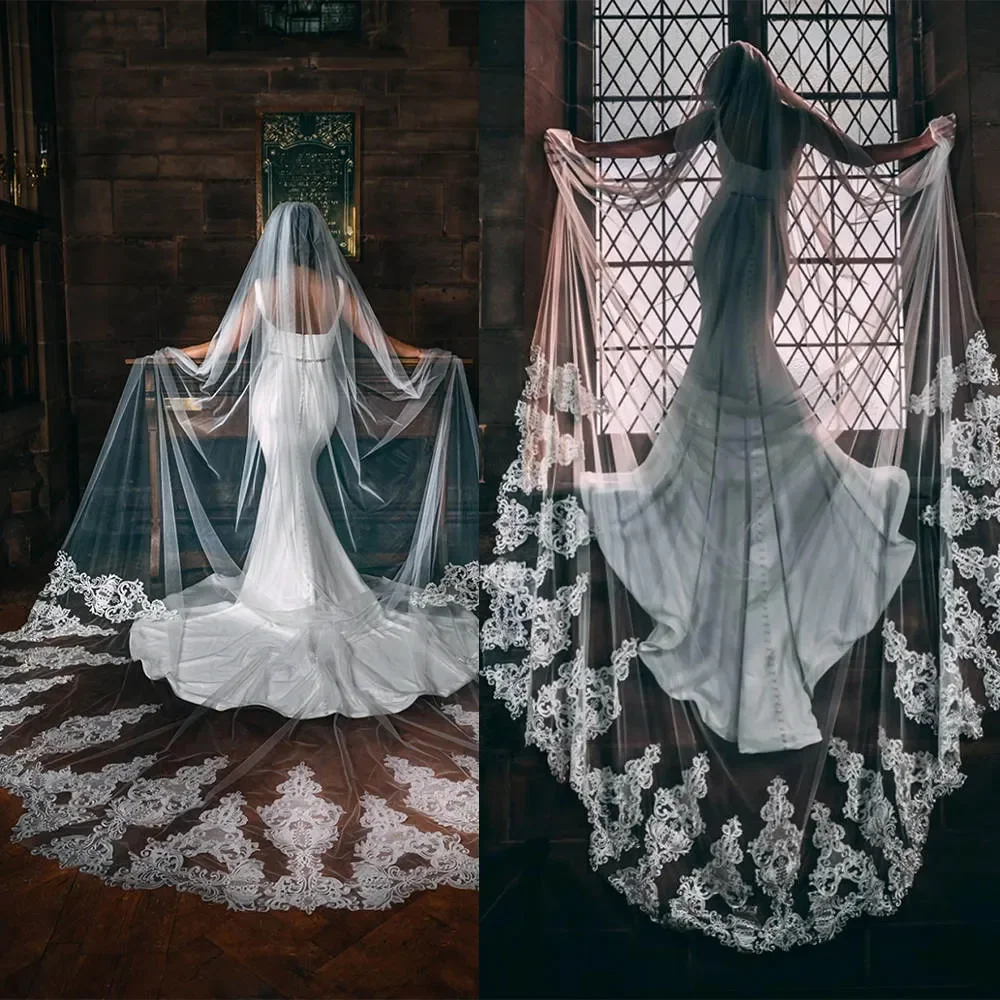 

Luxury Wedding Veils High Quality Appliques One Layer Cathedral Length Bride Veil Applique Edge Custom Made Bridal Accessories
