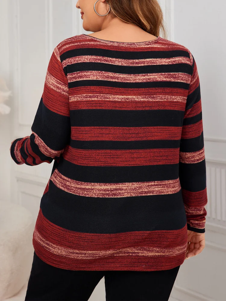 GIBSIE Plus Size O-Ring Zip Front O-Neck T Shirt Women Autumn New Striped Casual Long Sleeve Loose Female Tops Tees 2024