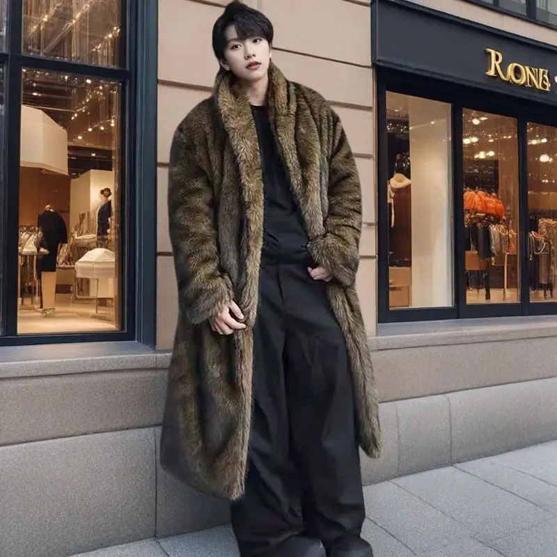 

Men Long Coat Faux Fur Coats Overcoat Turn Down Collar Outerwear Work Thick Warm Streetwear Jackets Open Stitch Autumn Winter
