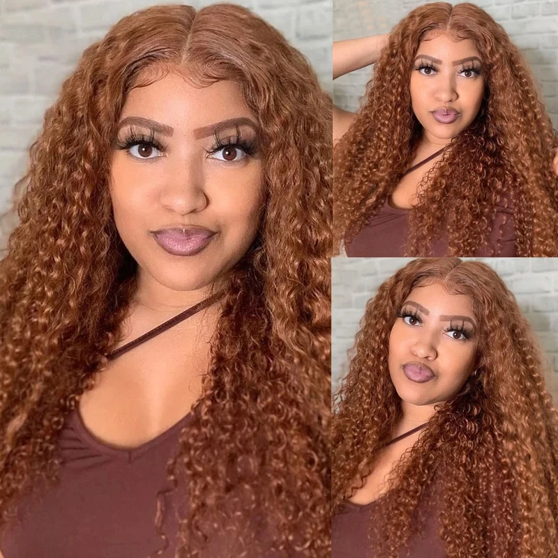 Ginger Brown Curly Synthetic 13X4Lace Front Wigs Heat Resistant Transparent 180 Density Wigs For Women for Daily Party Use