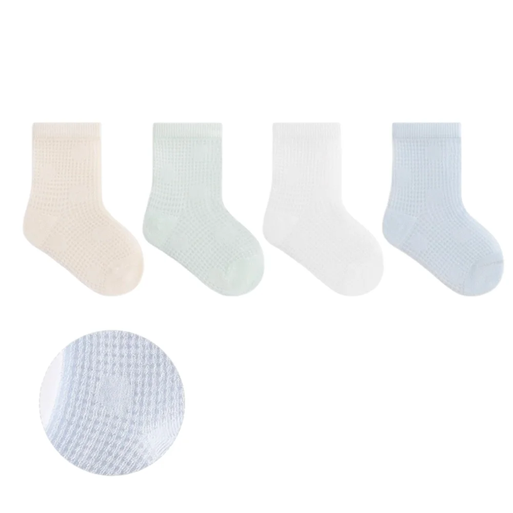 4 Pairs Combed Cotton Newborn Socks Breathable Multi-pattern Baby Mesh Socks Thin Boneless Construction Mid-calf Socks
