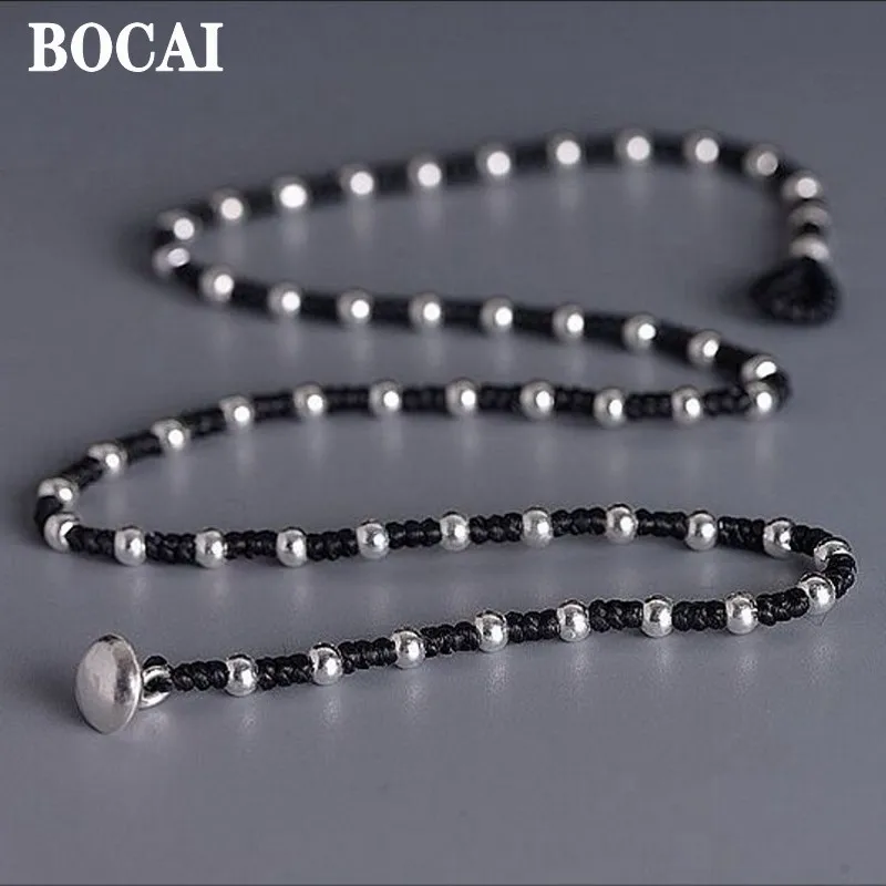 BOCAI New Creative Oil Wax Rope Sweater Chain Female 100% Real s925 Silver 4mm Silver Beads Hand-Woven Chain Woman Necklace