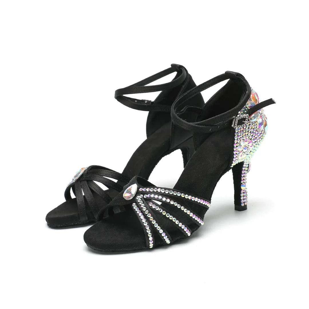Sapatos de dança latina femininos adultos, novos saltos de strass de cetim 5/7/8cm, sapatos de dança de salto alto