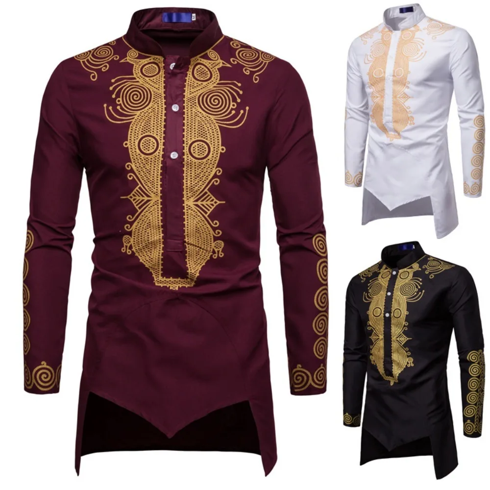 

Middle East Style Gold Foil Print Long Shirt Men Slim Fit Stand Collar 2026 Spring Autumn Casual