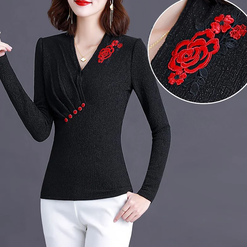 Autumn Winter Vintage Embroidery Flower Ruched Elegant Office Ladies Plush Basic Tops Women Black Sexy Long Sleeve Slim T-shirts