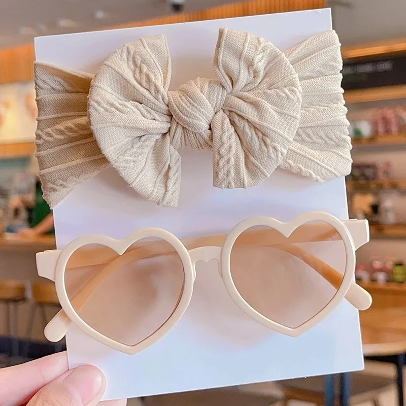 2 Teile/satz Neue Kinder Nette Farben Weiche Bowknot Breite Haarbänder Mode Runde Blume UV400 Sonnenbrille Set Kinder Haar Zubehör – Detail 6