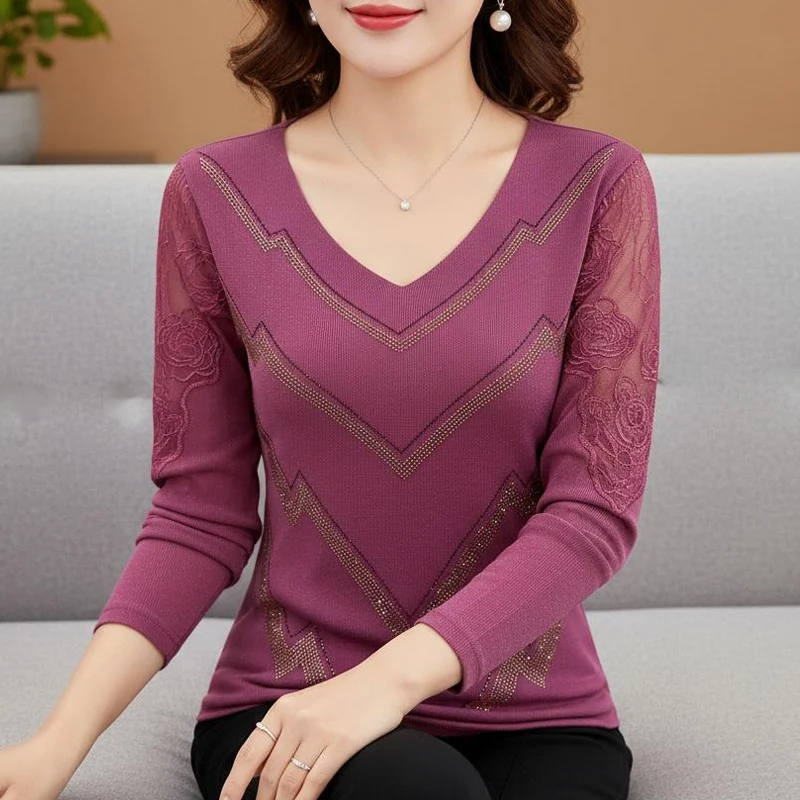 

Осень-зима 2025: топы из ромбовидной сетки с длинными рукавами и v-образным вырезом, лоскутная кружевная рубашка, тонкая женская футболка