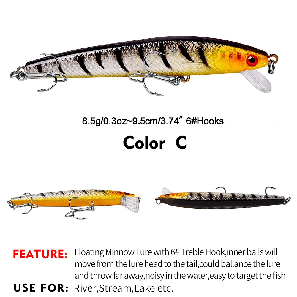 

8.5g/9.5cm Sinking Minnow Lure UV Color Rattling Lifelike Hard Bait Freshwater Saltwater Bass Perch Fishing Trolling Crankbait
