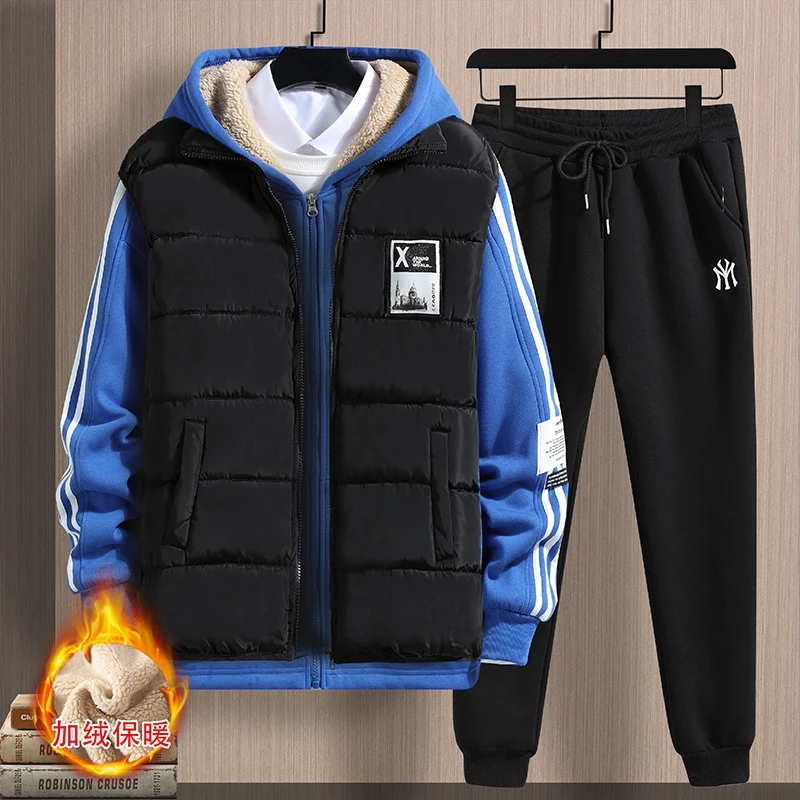 Winter Warm Men Sets 3 Pieces Vest Hoodie Set Fleece Zipper Casual Sport Sweatpant Men Tracksuit Outfit Sweat Suit