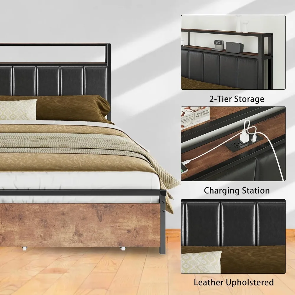 Bed Frame with Drawers,Queen Platform Bed Frame with 2-Tier Storage&Leather Upholstered&Charging Station Headboard,Rustic Brown