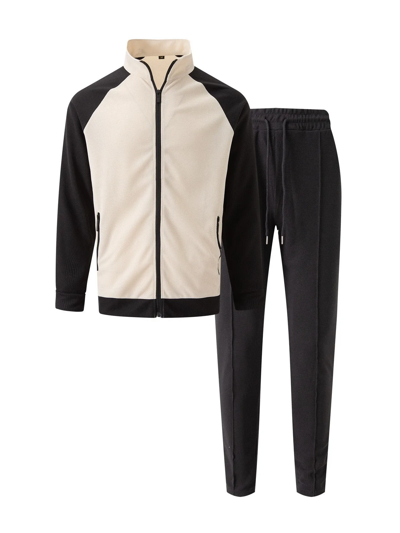 20225 Autumn New Style Waffle Color-block Pocket Zipper Stand-collar Long-sleeved Outerwear and Pants Set