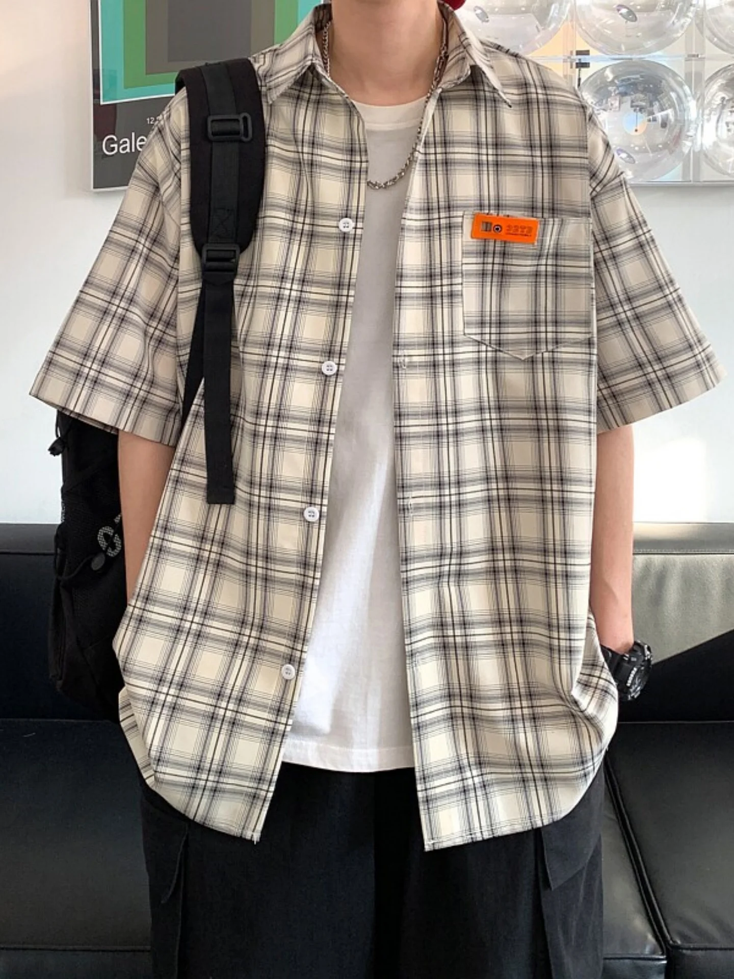 

Loose Plaid ort Sve Men's irt Summer Faionable f Sve Clothing Korean Sle Cheered irt Jaet Hong Kong Sle