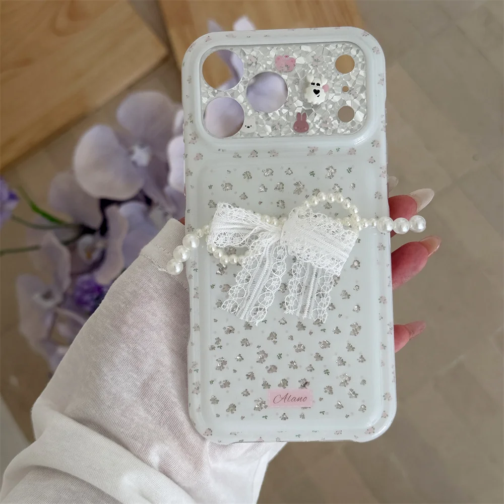 Kawaii Small Flower Phone Case For iPhone 15 16 17 18 Pro Max Cartoon With Lace Bow Pearl Pendant Shockproof Protective Cover