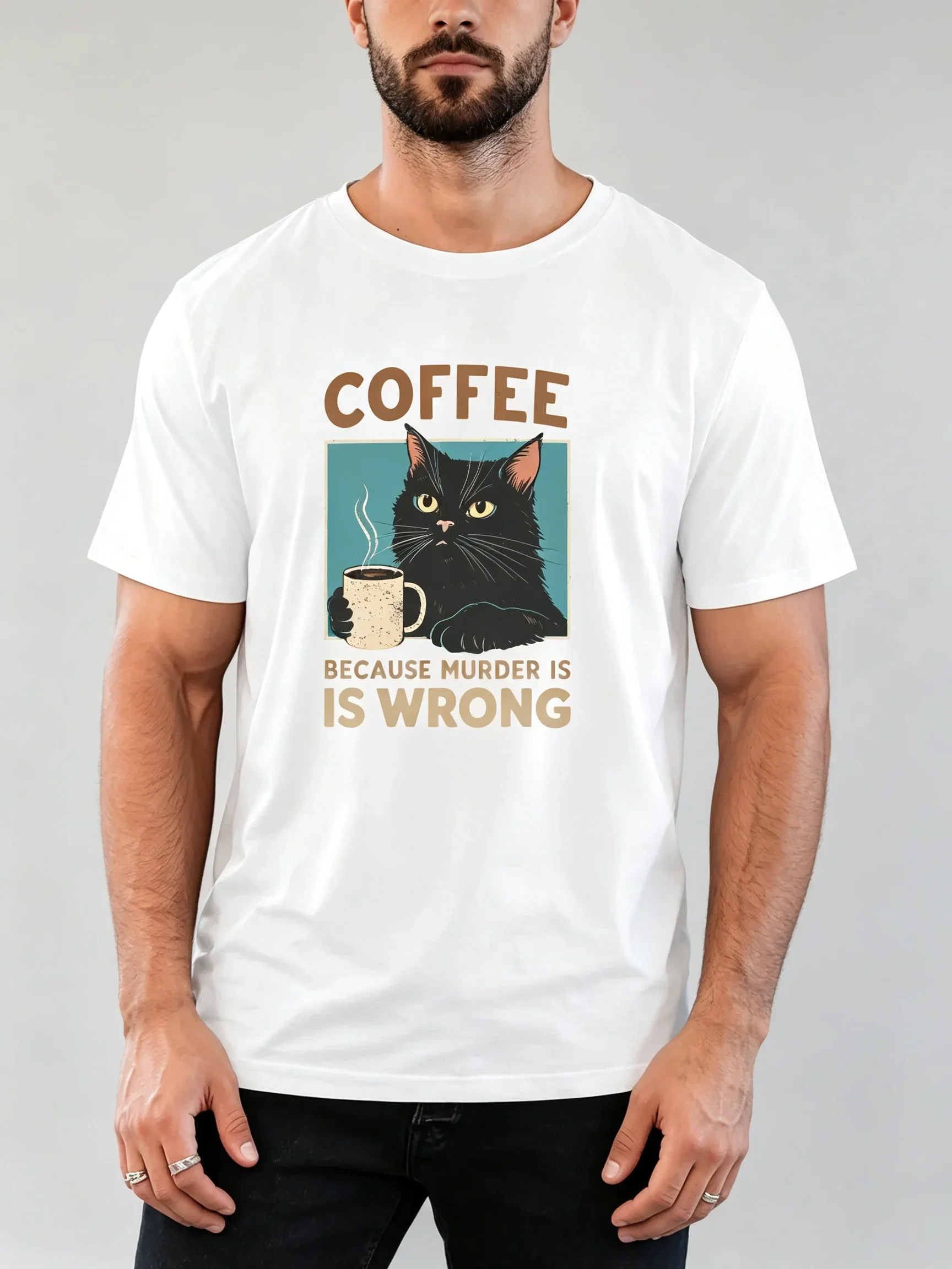 Teenager Summer Casual Round Neck Short Sleeve T-Shirt, Cute Cat Coffee Pattern Printed Daily Wear Tee