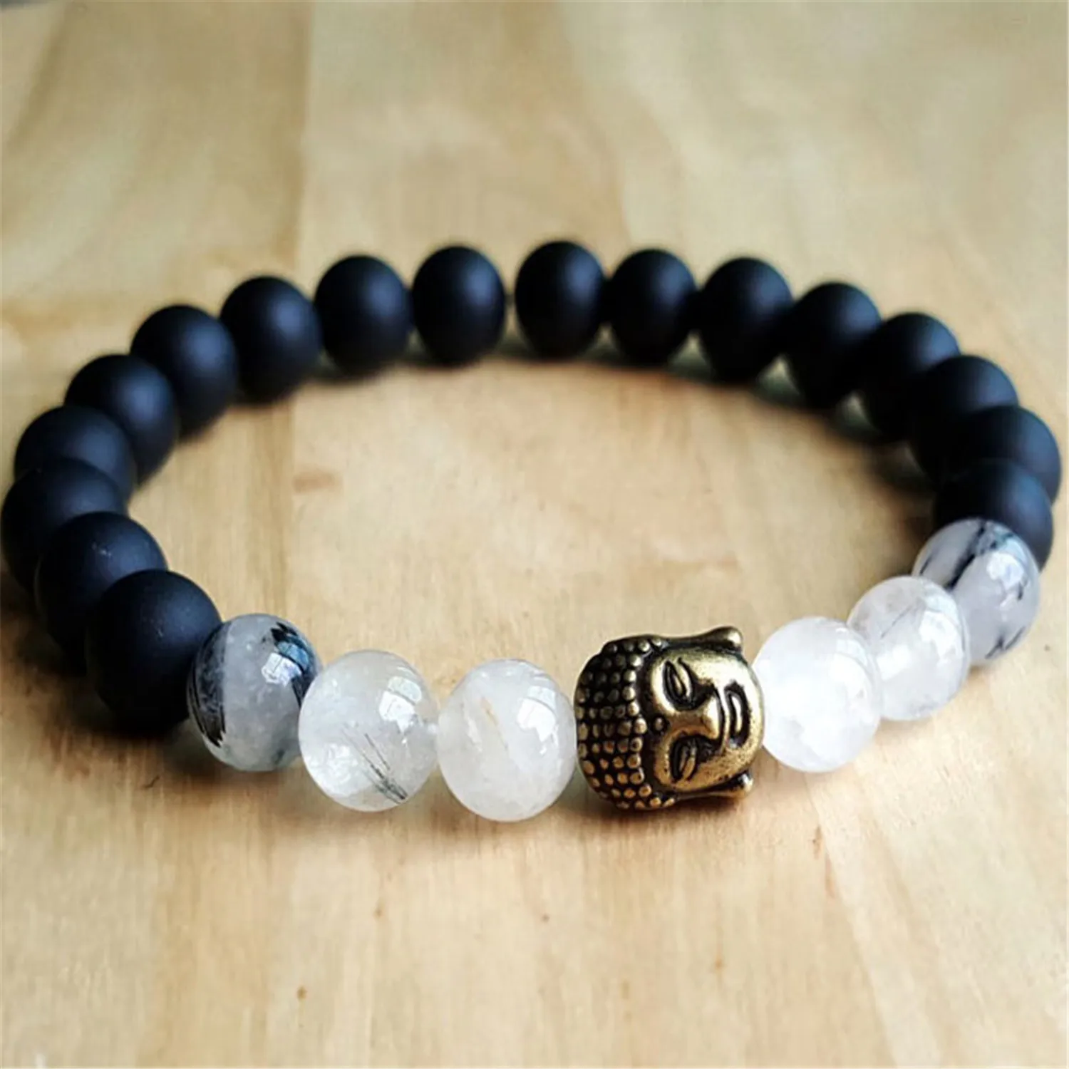 

8mm Natural Black Tourmalated Mala Bracelet Women Unisex Semi-Precious Stones Stackable Party Men