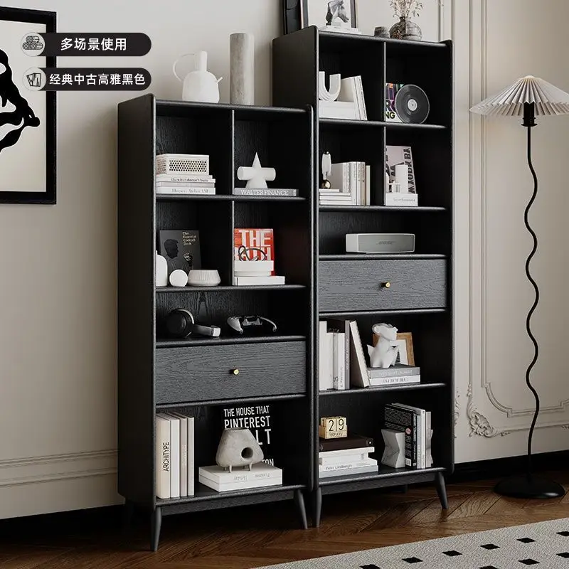 

All solid wood bookcase, oak retro black bookshelf, light luxury medieval living room, American vertical cabinet, display