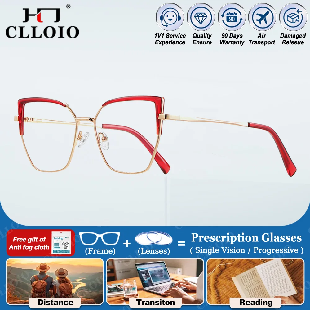 

CLLOIO Fashion Butterfly Large Frame Myopia Prescription Glasses Women Anti Blue Ray Optical Photochromic Progressive Eyeglasses