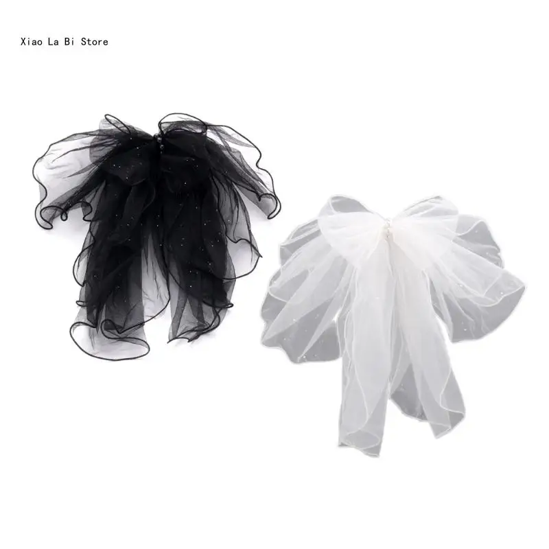 Bride Sheer Lace Veil Women Layer Tulles Bachelorettes Ceremony Wedding Veil with Sequins Bowknot for Taking Photo XXFD