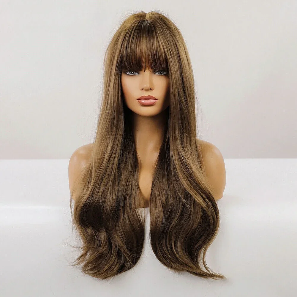 

Long Dark Brown Synthetic Hair Wig with Bangs for Women Body Wave Daily Cosplay Wigs