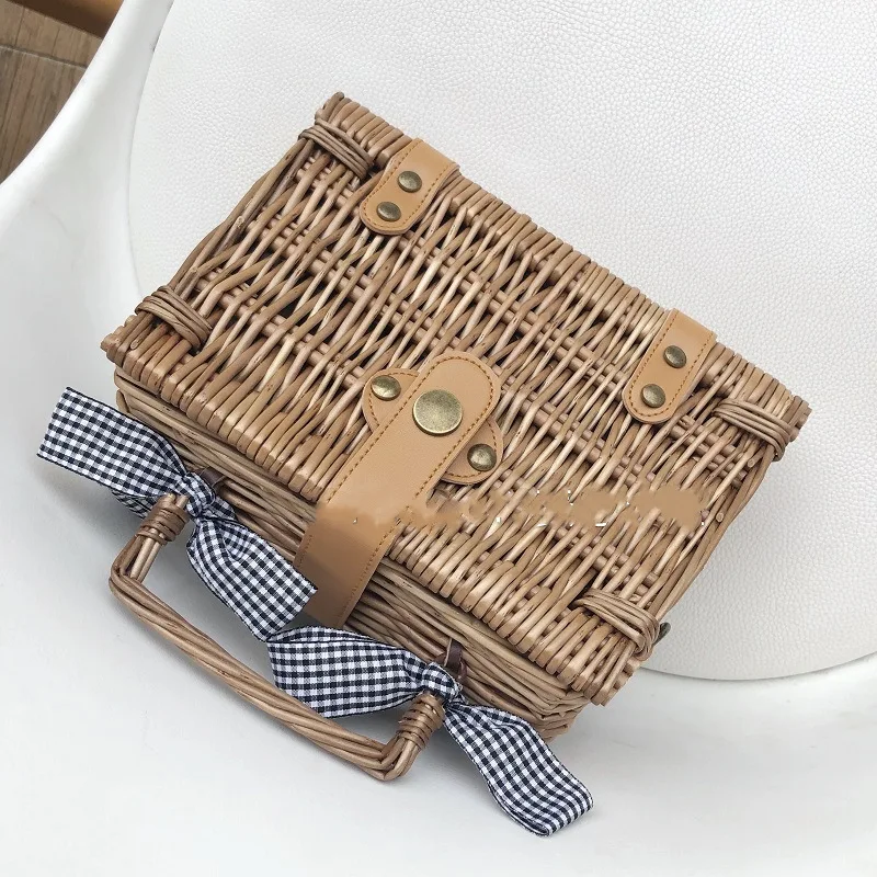 2021 New Handmade Bohemian Women\'s Handbags Summer Straw Beach Bag Square Rattan Bow Female Bags Fashion Designer Shopper Purse