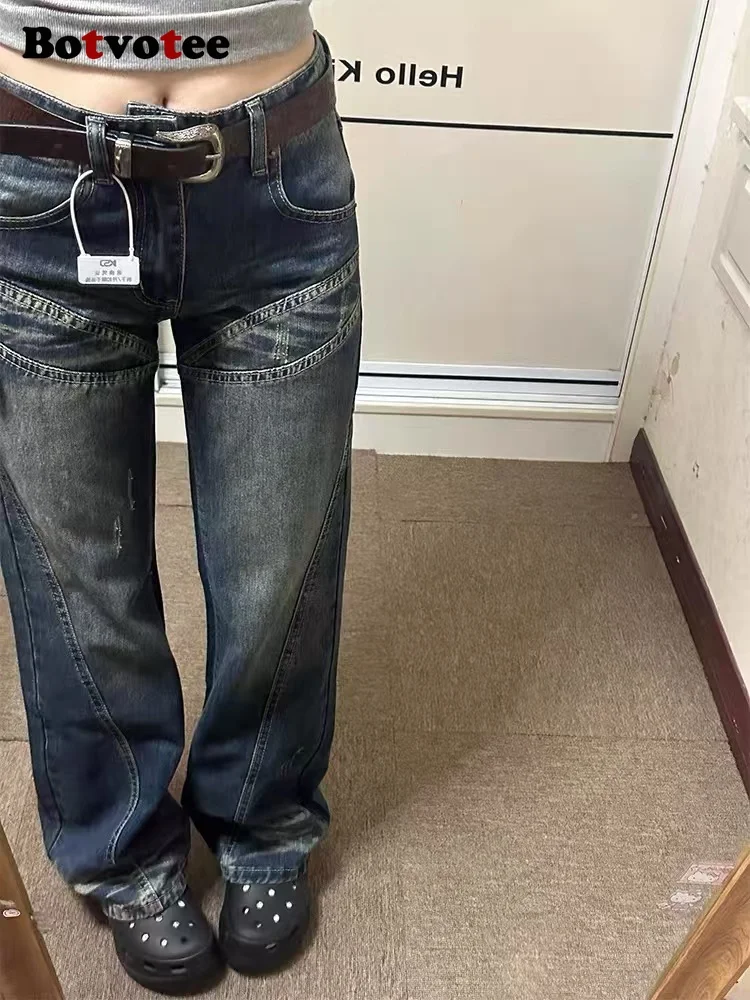 

Botvotee классические американские винтажные джинсовые джинсы для женщин с низкой талией, прямые джинсы 1950-х/1960-х годов, синие брюки в стиле ретро