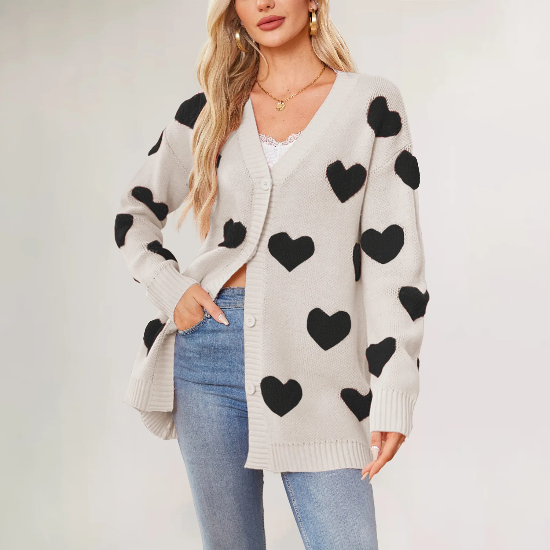 Women's New Fashion Loose V-neck Heart Pattern Cardigan Coat, Single Breasted Patchwork Knit Sweater Coat for Autumn and Winter