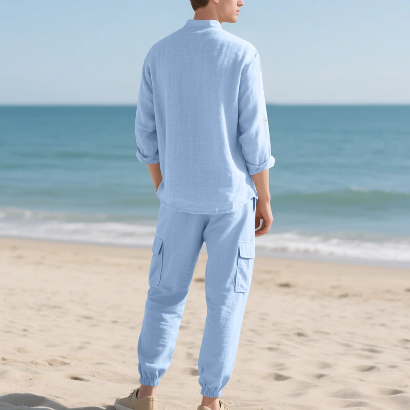 Men's Linen Breathable Two-Piece Set with Stand Collar Long Sleeve Shirt and Work Pants, Summer Beach Casual Outfit view 4
