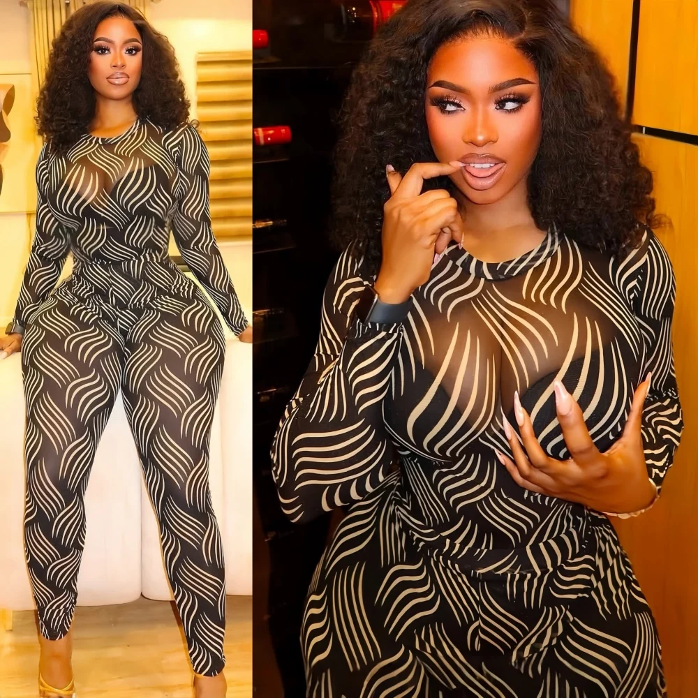 

FAGADOER Sexy Mesh 2 Pieces Set for Woman Outfits See Through Striped Print Patchwork Crop Top and Pants Female Streetwear New