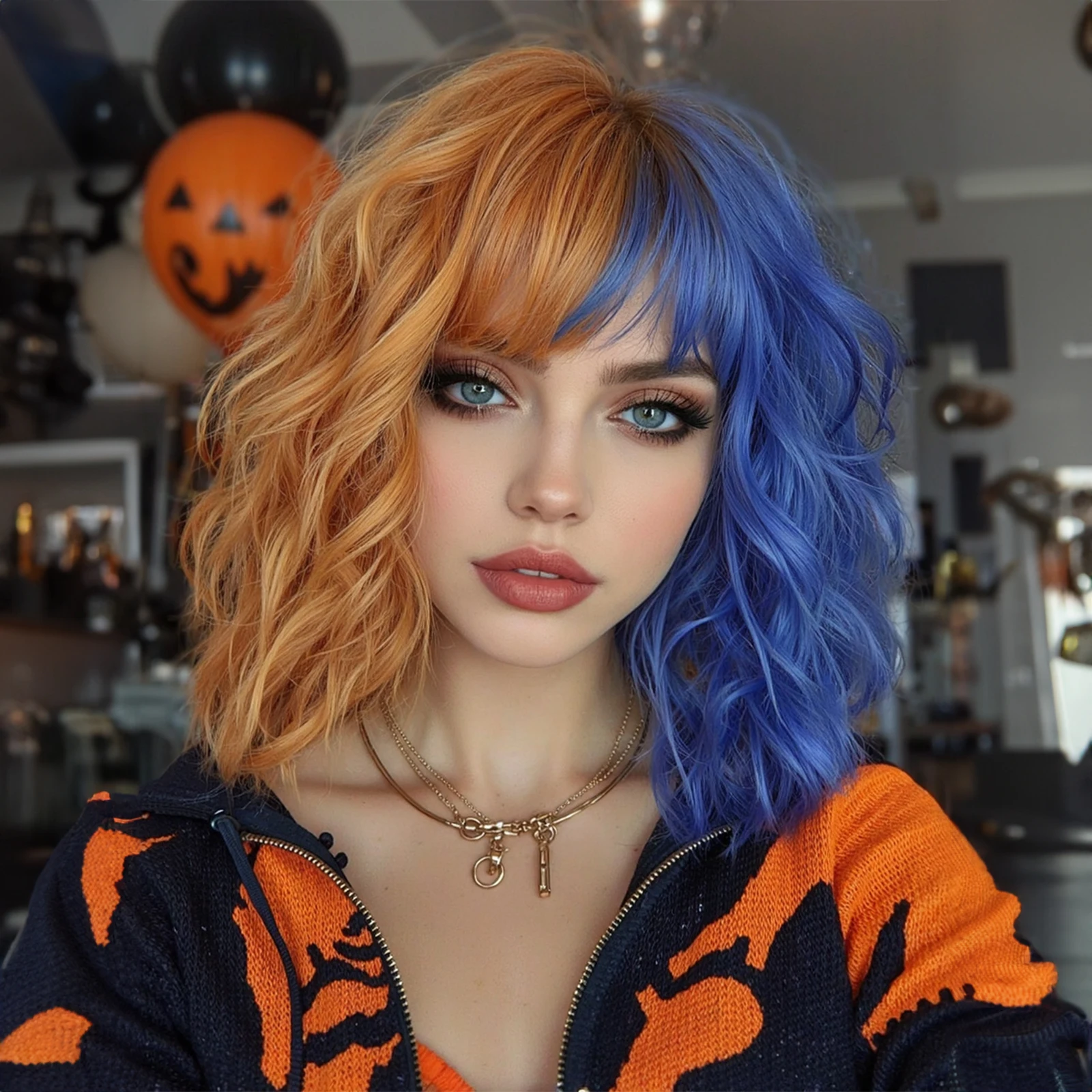 

Хэллоуин Короткие Вьющиеся Боб Синтетические Парики Двухцветные Цвета Синий и Оранжевый Волнистый Синтетический Парик С Челкой Для Женщин Косплей Часть