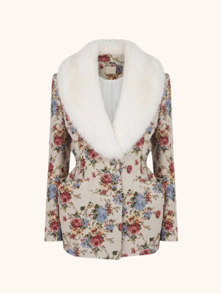 New Floral Print Blazer Faux Fur Collar Long Sleeve Slim Fit Jacket 2026 Fall Winter Vintage Elegant Party Outerwear Streetwear