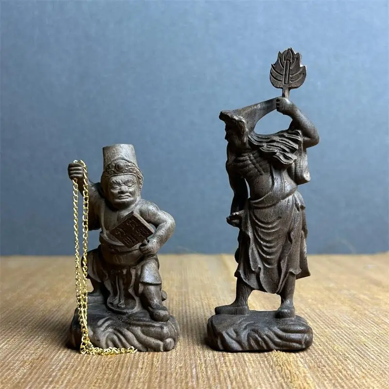 Natural Agarwood Carved Black White Gods Statue Qi Ye Ba Ye Divine Figurine Home Desktop Decoration Worship Ornament