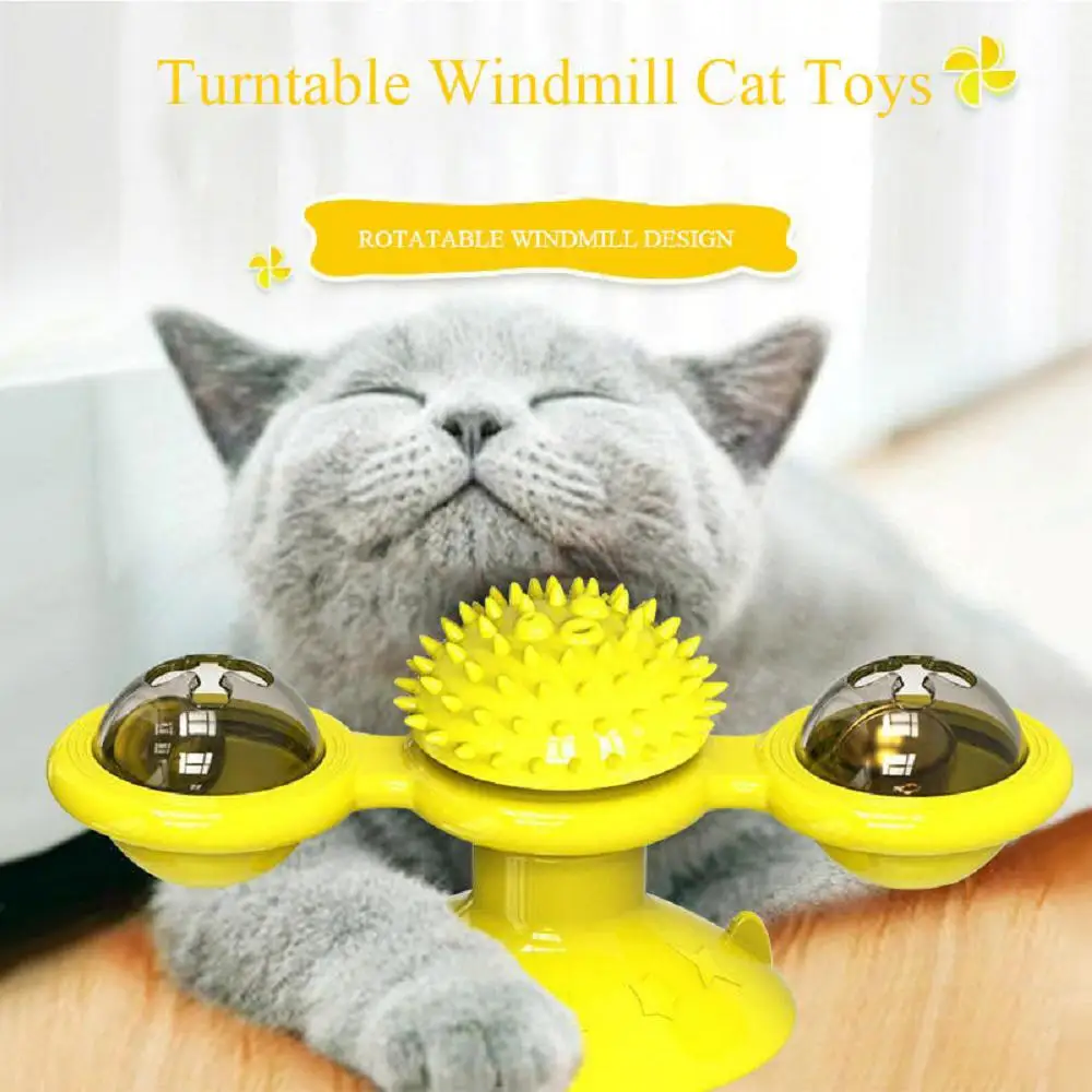 LMZOE Pet Cat Toys Spinning Windmill with LED Ball ＆Catnip Scratch Hair Brush Intelligence Training Suction Cup Cats Spinner Toy