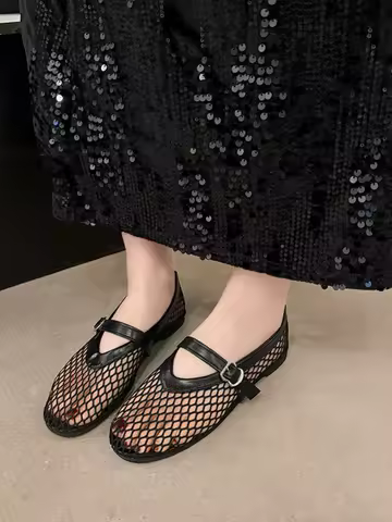 In Summer, Wear Round Toe, Straight Buckles, Casual and Comfortable, Women's Flats, Cut-out Mary Jane Single Shoes,fishnet Shoes