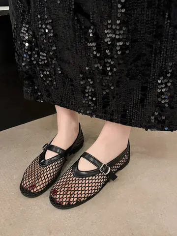 In Summer, Wear Round Toe, Straight Buckles, Casual and Comfortable, Women's Flats, Cut-out Mary Jane Single Shoes,fishnet Shoes