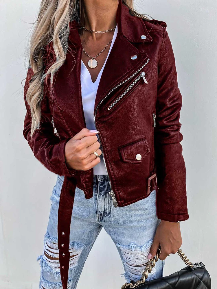 Vintage Leather PU Style Cool Club Coats Women Streetwear Long Sleeve Zipper Jackets Turn Down Collar Slim Female Solid Outwear