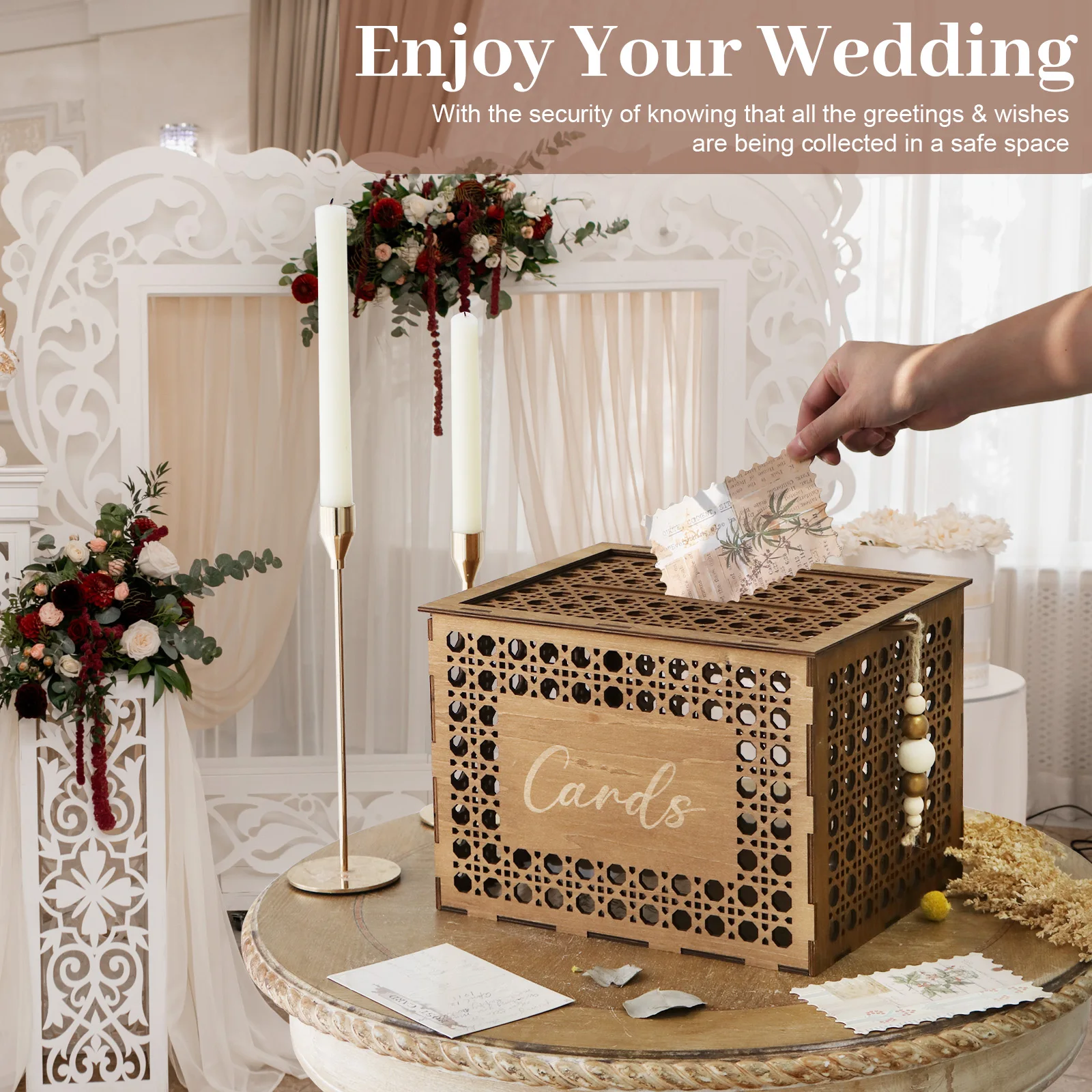 

OurWarm Wooden Wedding/Graduation Card Box with Slot for Party Reception, Hollow Rattan Pattern Rustic Envelope Money Card Box