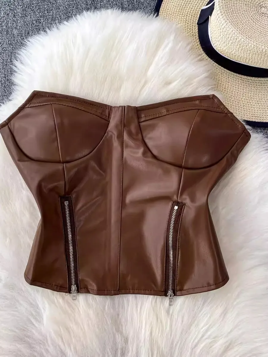 Foamlina Trendy Sweet Cool Hot Girl PU Leather Bandeau Vest European vintage Slim Fit Zipper Tie Up tube Top camisole