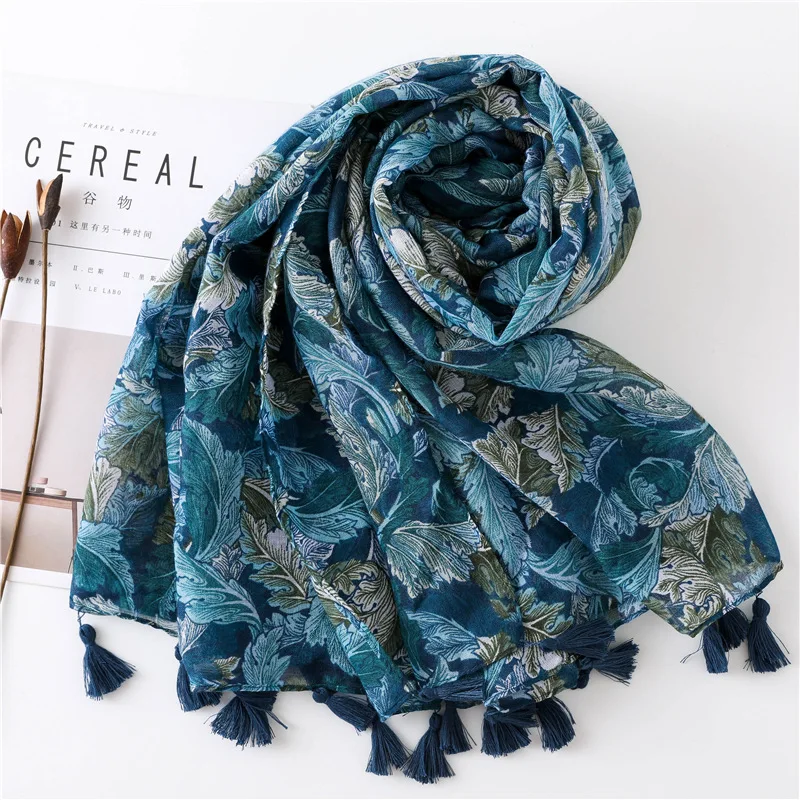 

88*180cm Bohemia Flower Women Scarf Shawl Cotton Linen Feeling Tassel Pashmina Muslim Hijab Wrap Lady Viscose Scarf