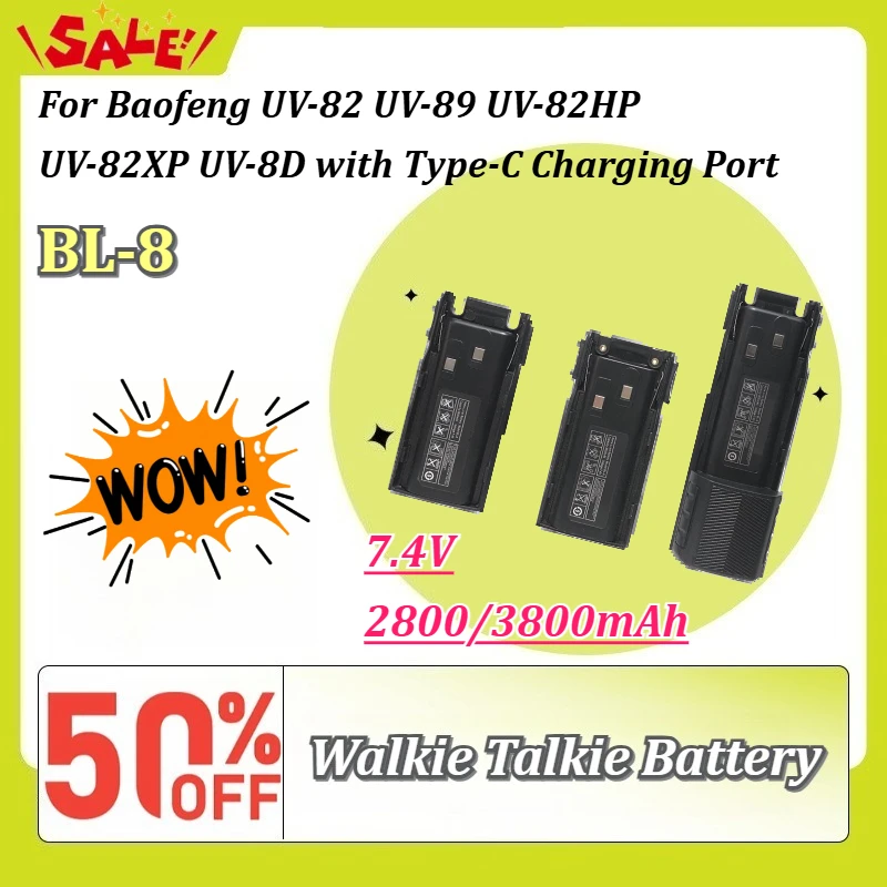 

New BL-8 DC 7.4V 2800/3800mAh Walkie Talkie Battery for Baofeng UV-82 UV-89 UV-82HP UV-82XP UV-8D with Type-C Charging Port