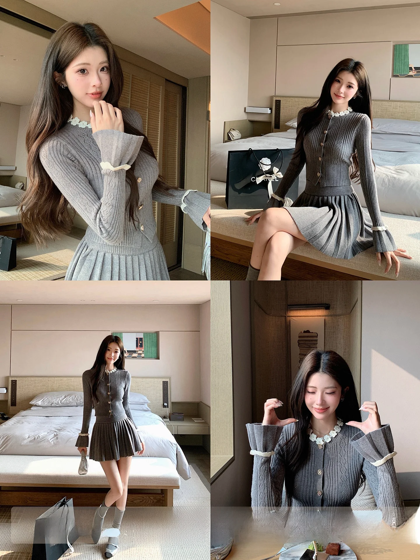 

Grayson College Style Elegant Sweet Girl Hook Knitted Sweater Skirt Set Women Winter Short Skirt Long Sleeve V Neck Pearl Series