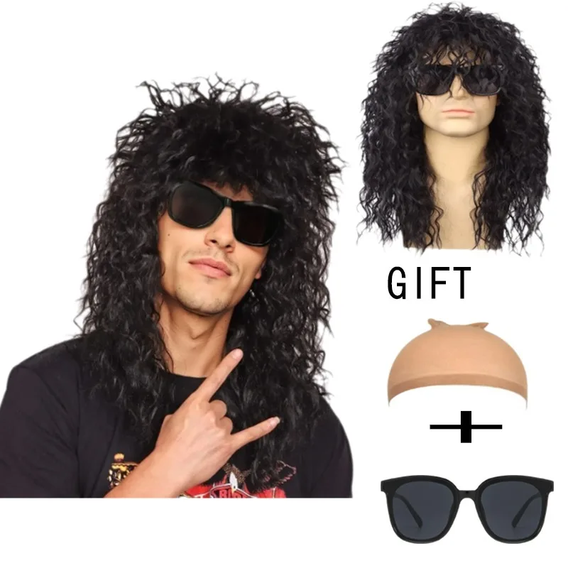 Men's 80s Retro Long Black Curly Hair Wig, Fluffy Glam Rock-Rocker Style for Halloween Cosplay, Stage Themed Costume Party